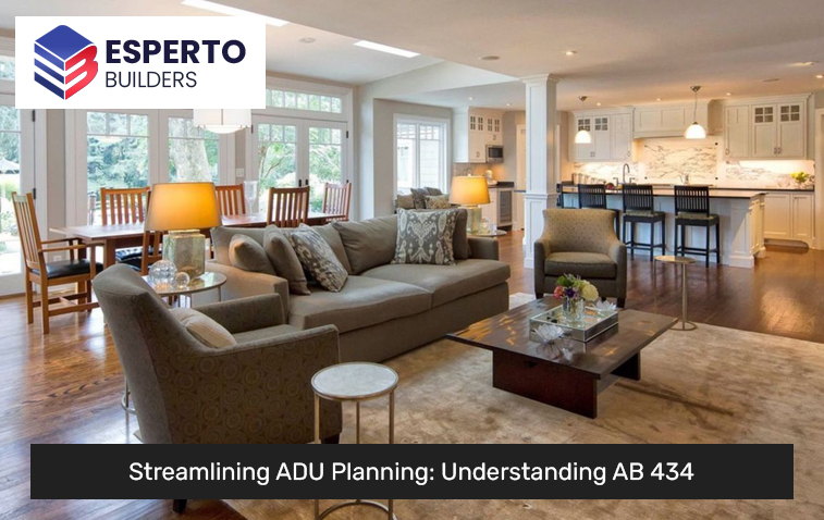 Interior view of an ADU in California, demonstrating AB 434 compliant kitchen, dining, and living spaces