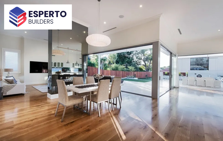 Interior layout of a split-level home showcasing open-concept living spaces, including the living room, dining area, and kitchen.