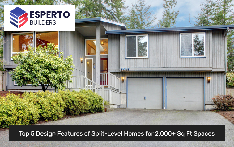 Exterior view of a split-level home highlighting staggered levels and varied rooflines in a landscaped setting.