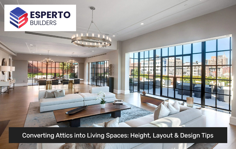 Open floor plan attic living space with modern furniture and natural lighting