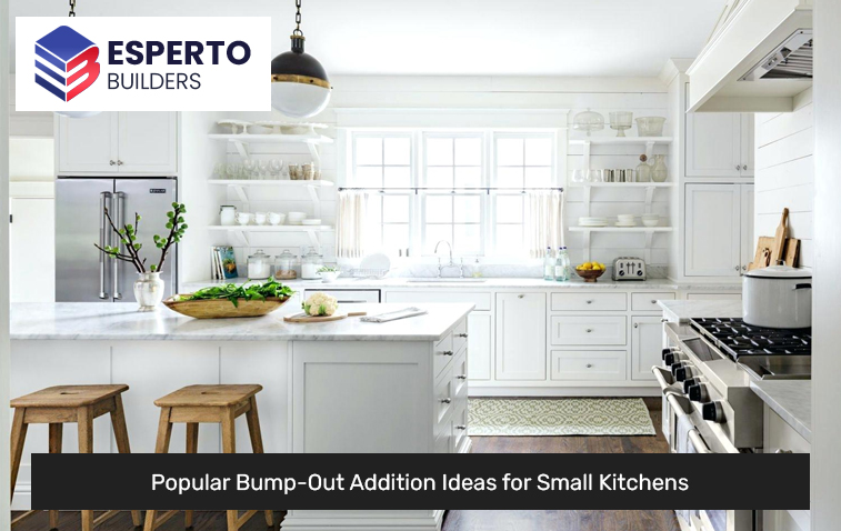 Small kitchen with kitchen island bump-out for extra storage and counter space