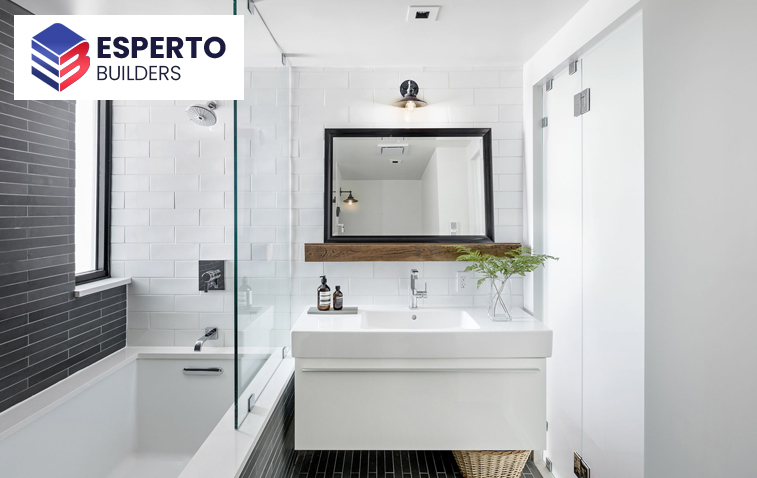 Minimalist black-and-white bathroom design featuring clean lines and simple decor.