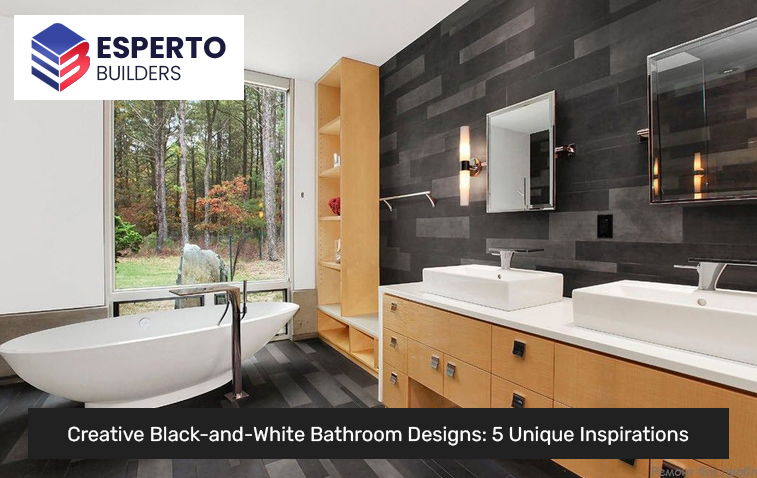 Black-and-white bathroom with classic fixtures and elegant details.